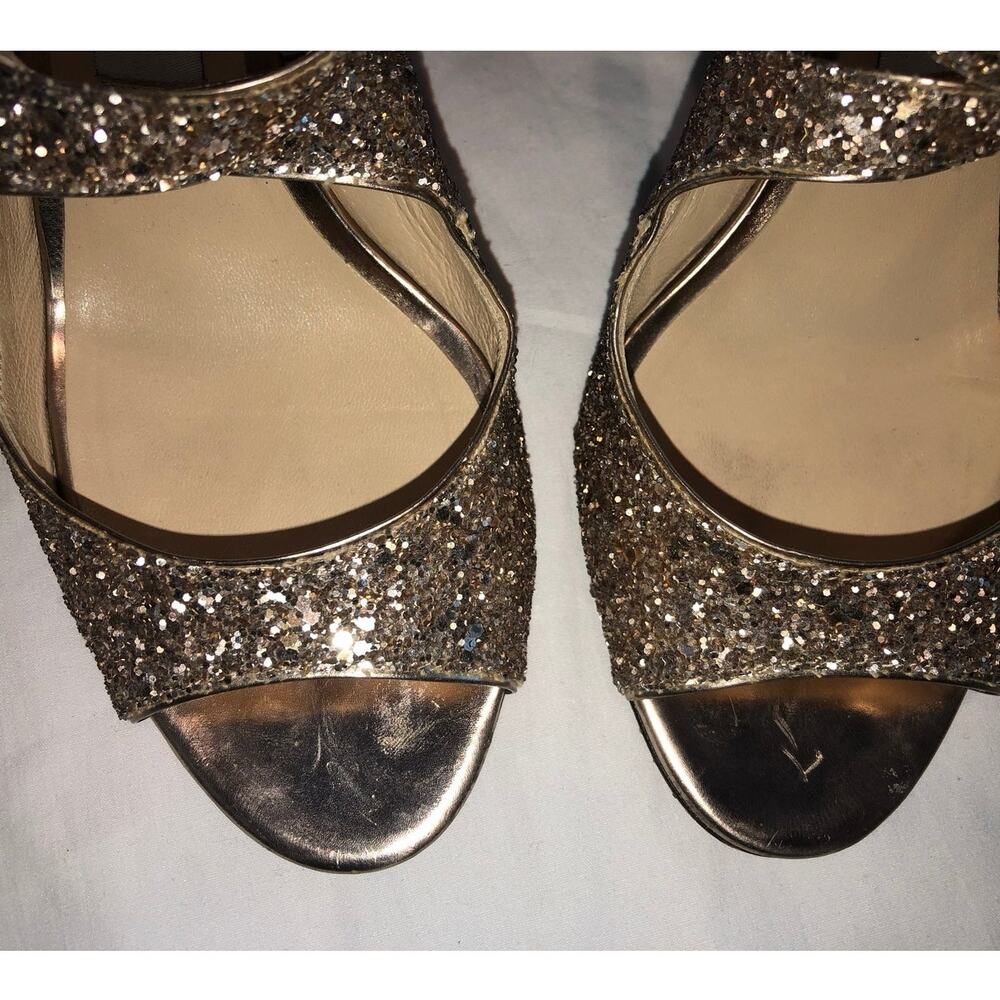 Jimmy Choo Emily Gold Glitter Sandals Strappy Heel 38.5 US 8.5 Criss Cross Heels - Picture 12 of 12
